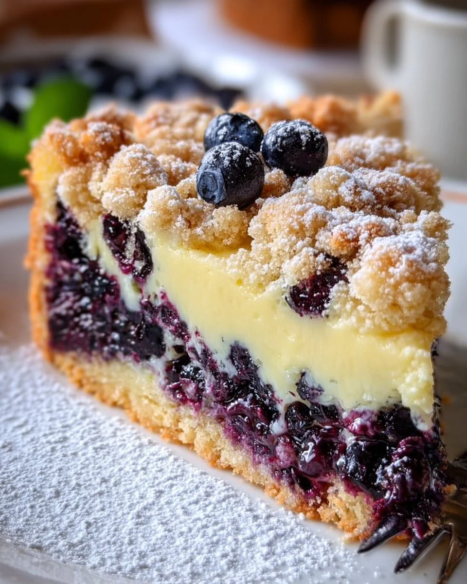Blaubeerkuchen mit Pudding und Streusel