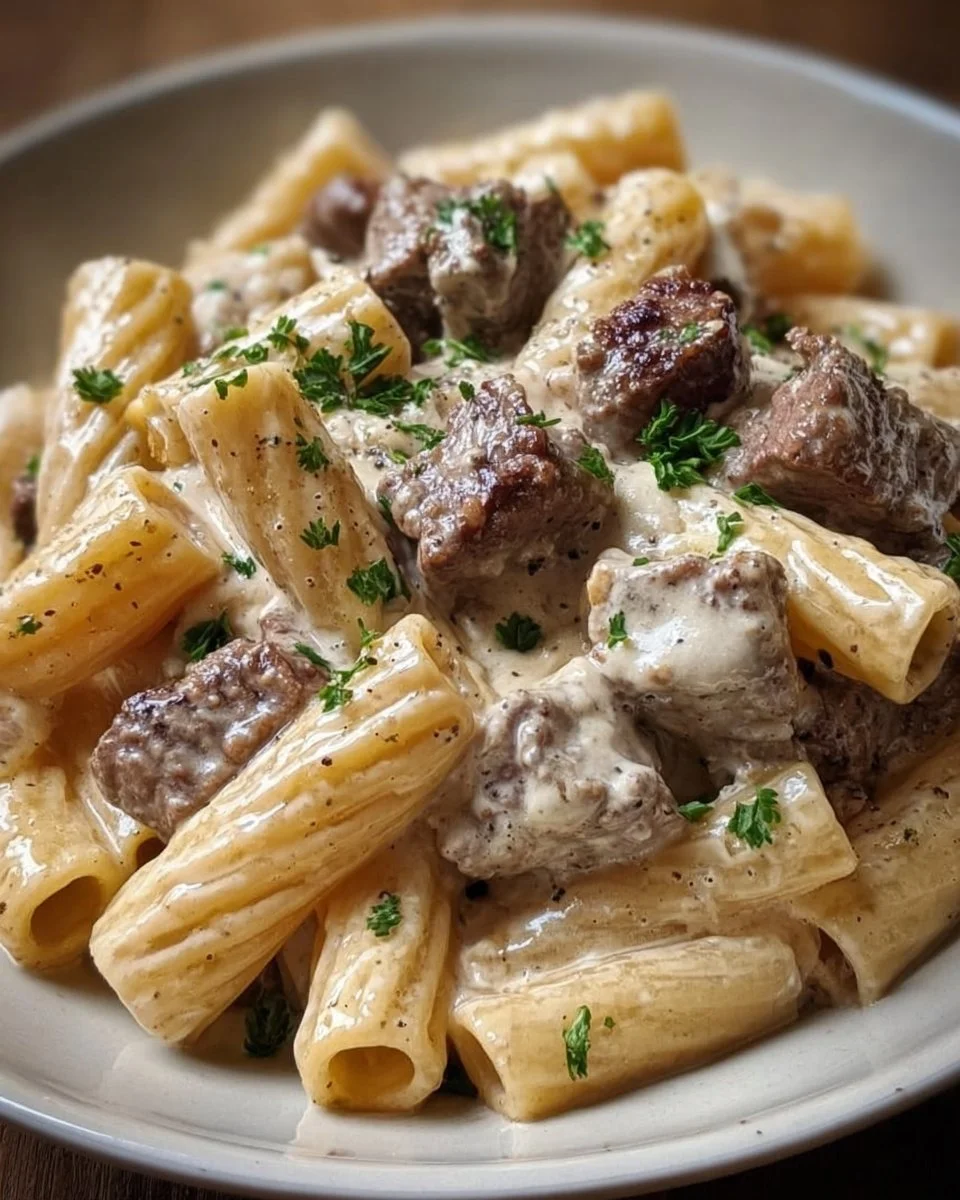 Rigatoni with Tender Beef and Creamy Parmesan Sauce